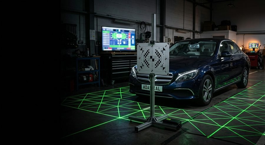 Calibrage statique d'une caméra ADAS&nbsp;: mire de référence et lignes laser au sol dans un atelier