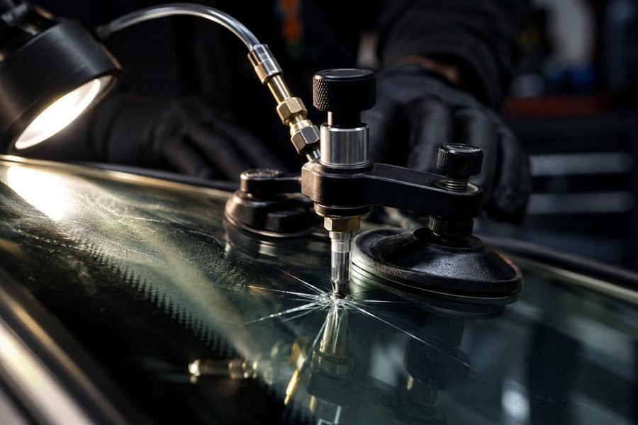 Injection de résine sous vide sur un impact en étoile, atelier de vitrage automobile