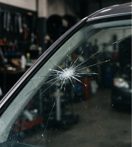 Pare-brise avec un impact en étoile et des fissures rayonnantes