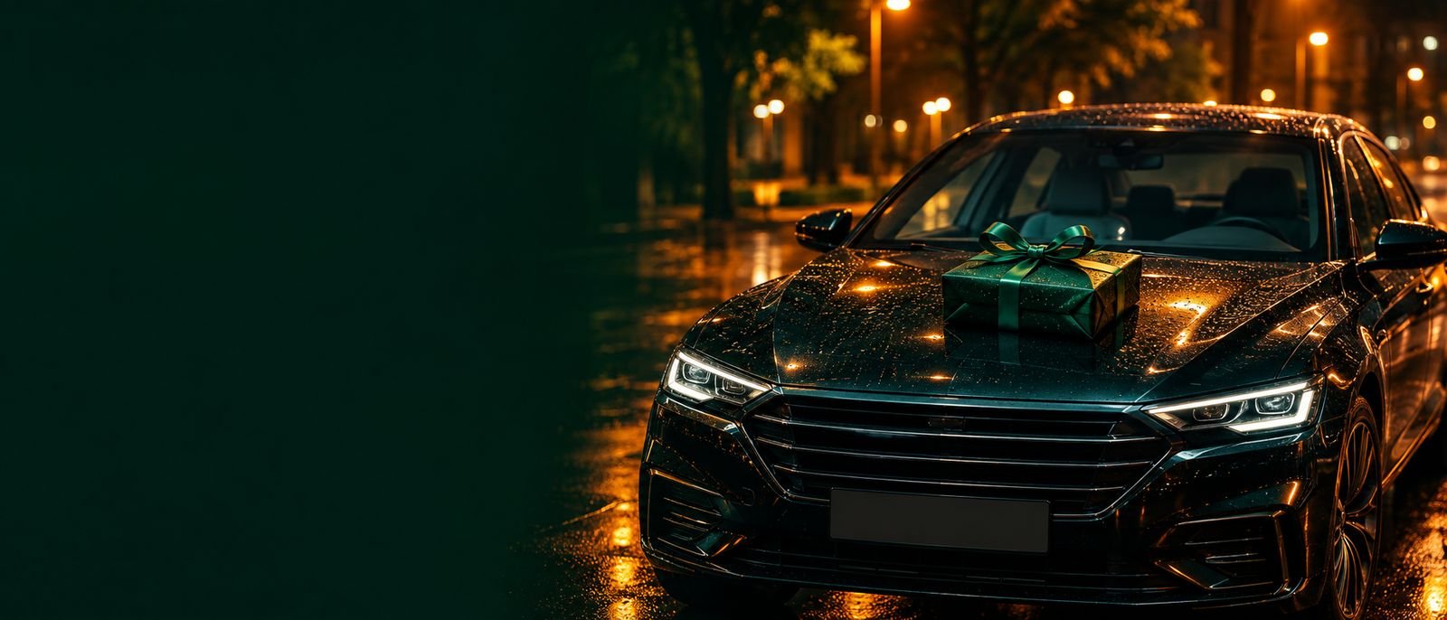 Berline sous la pluie la nuit, un paquet cadeau vert posé sur le capot